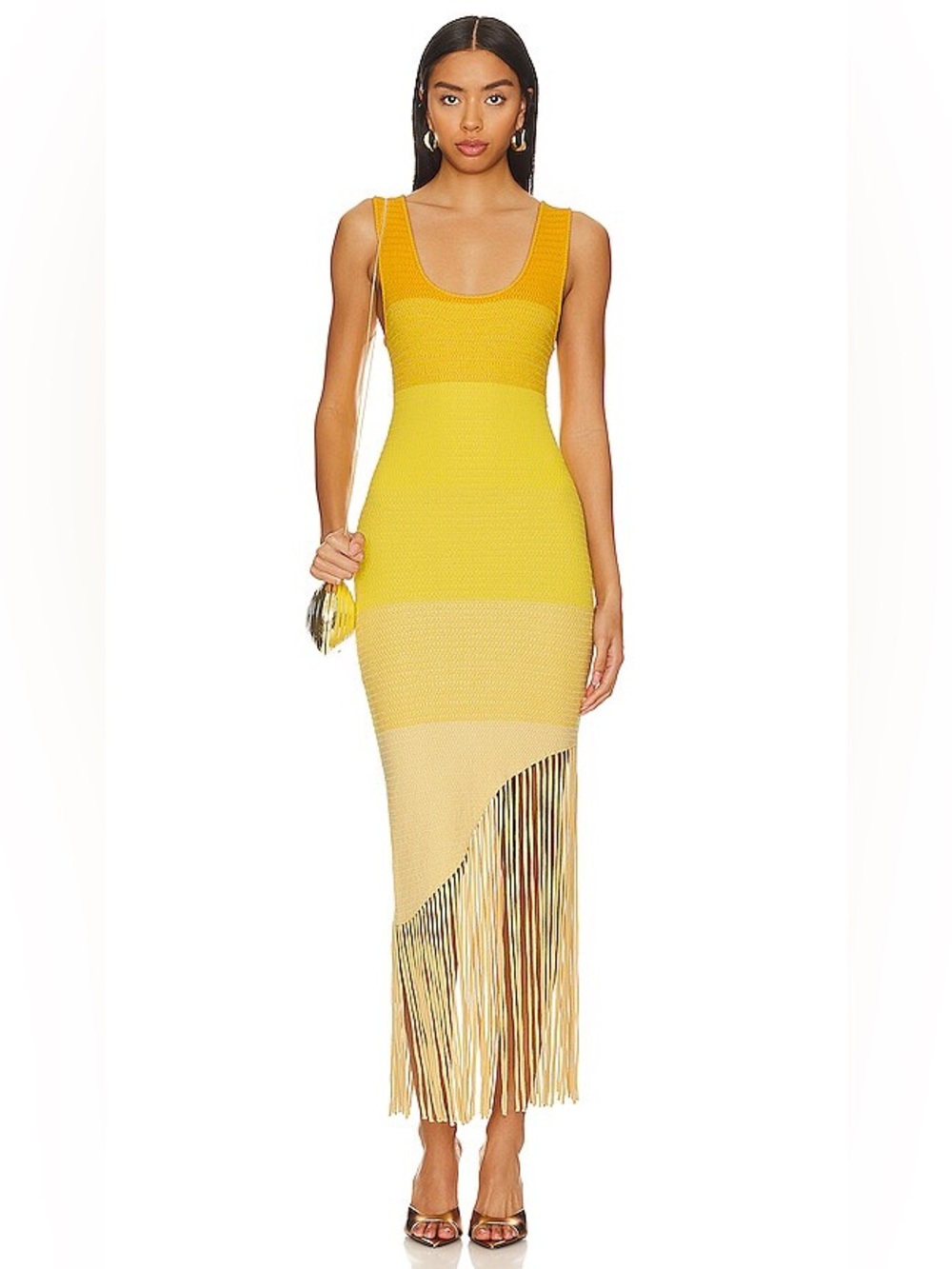 Osis Studio Adria Dress in Orange asymmetrical fringe dress ombré maxi NWT